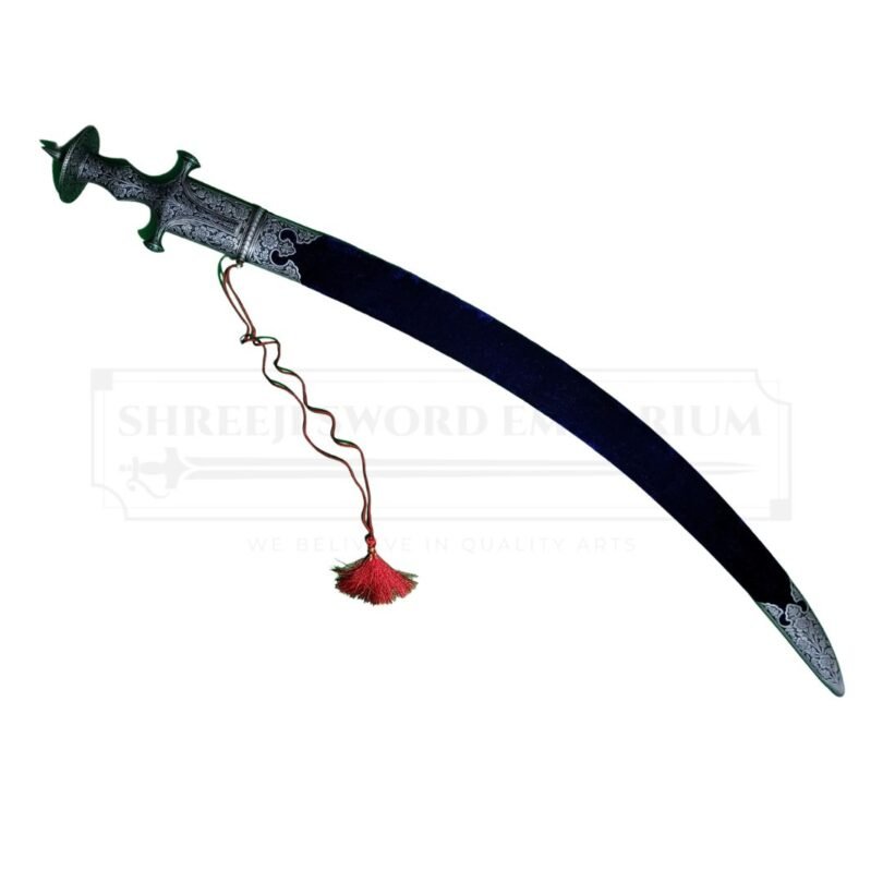 Karan Shahi Hilt Sword displayed horizontally with a focus on its Damascus steel blade, antique grey finish, and velvet scabbard