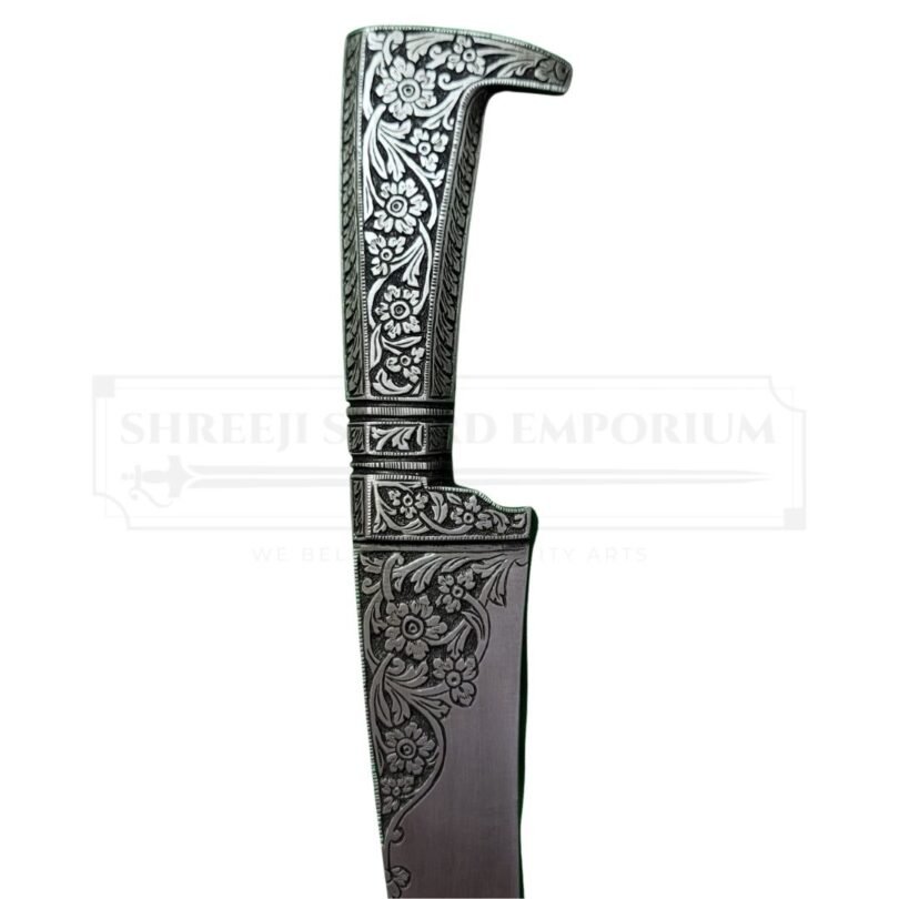 Traditional Taksali Kirpan Dagger with 10.5-inch antique finish blade and deep engravings.