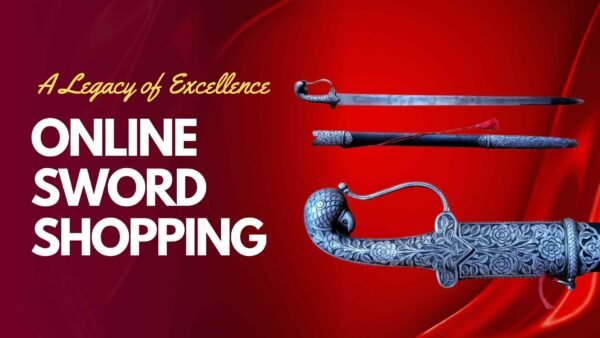 Online sword shopping at Shreeji Sword Emporium showcasing a handcrafted Rajput sword with intricate engravings.